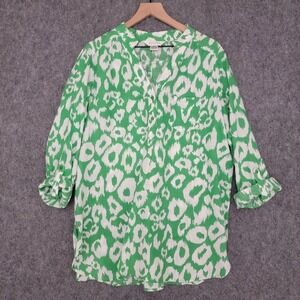 Allison Taylor Shirt Women XL Green Ikat Animal Print 100% Linen Roll Tab Sleeve